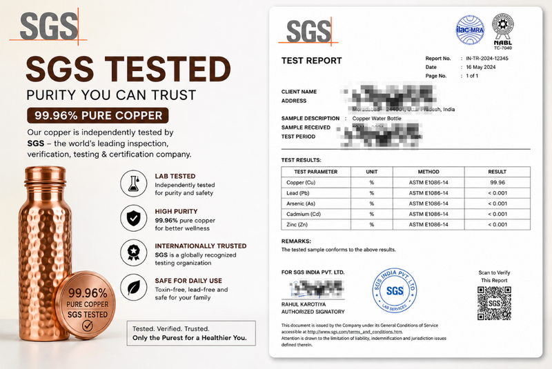 Our Copper Bottles are Tested by World Best Testing agencies. Independently verified purity, not just a marketing claim.
